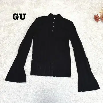 s.2005 [지유] 긴팔 리브 니트 플레어 소매 하이넥 펄 버튼