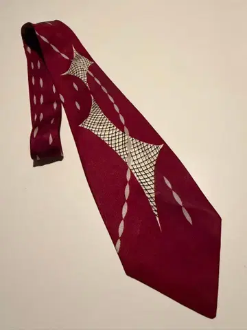 빈티지 40s 50s 와인 레드 기하학 패턴 실크 넥타이