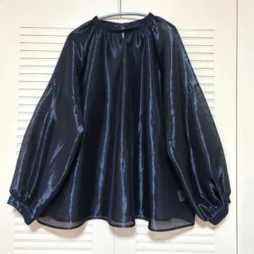 Audrey and John Wad 스탠드 카라 글로시 블라우스 시어