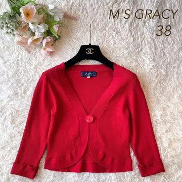 새상품급 M'S GRACY 리브 니트 볼레로 가디건 레드 38