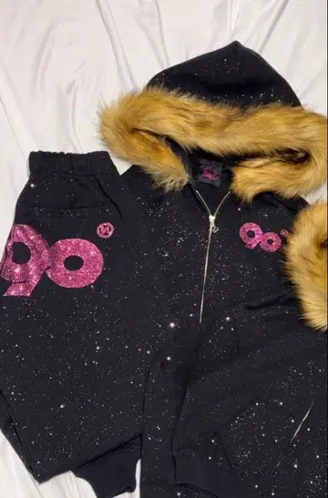 9090girl 로고 라메 후드 맨투맨 퍼