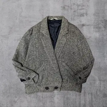 헤링본 트위드 자켓 숏 기장 울 레트로 버블 헤이세이 모드