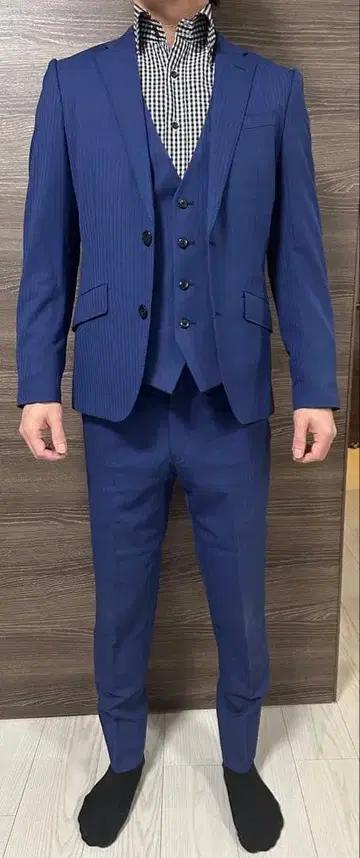 청색 블루 스트라이프 쓰리피스 수트 Y4 패턴 오더 세미 PSFA