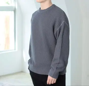 편직 크루넥 니트 블루 그레이 L