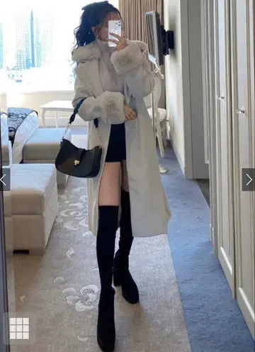 리본 벨트 퍼 가운 코트