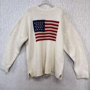 미국 국기 자수 아이보리 스웨터 남성용 니트