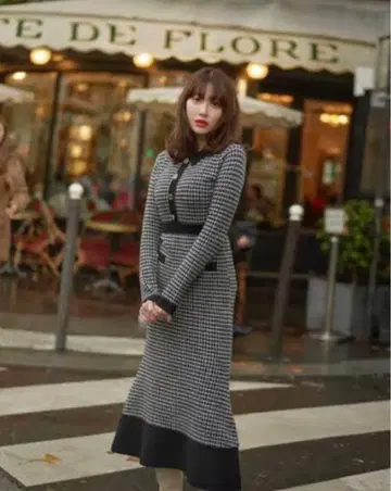 하립투 니트 원피스 머메이드 하운드투스 패턴 체크 긴팔 s