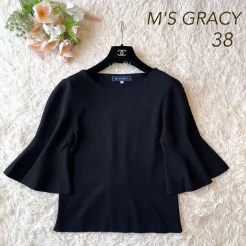 새상품급 M'S GRACY 백리본 플레어 슬리브 니트 블랙 38