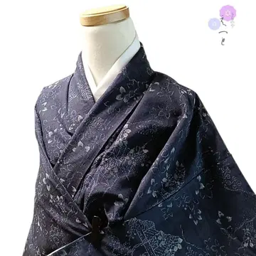 58년산 순수 실크 이중 기모노 파랑 꽃무늬