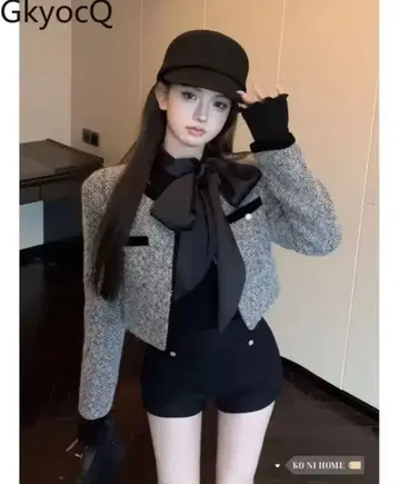 한국 스타일 그레이 트위드 자켓 하이웨스트 숏팬츠 겨울 의류 셋업