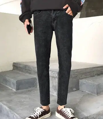 새상품급 neos 데미지 테이퍼드 컷오프 데님 S 블랙