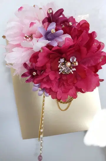 성인식 머리 장식 꽃 장식 핑크 퍼플 펄 체인