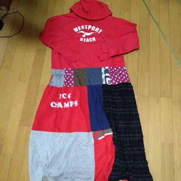 구제 의류 리메이크 후드 부착 패치워크 원피스 빨간색