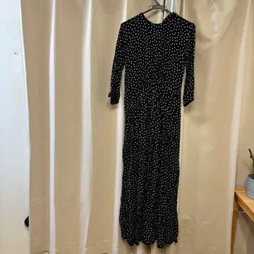 SINME 블랙 화이트 물방울 패턴 롱 원피스