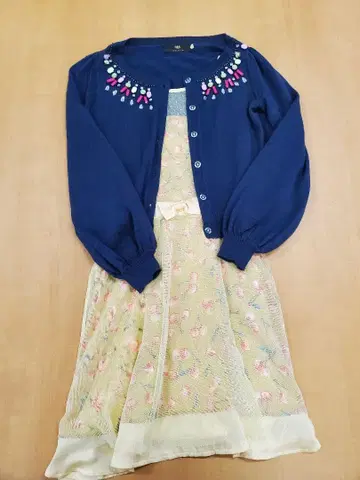 네이비 가디건 꽃무늬 슬리브리스 원피스