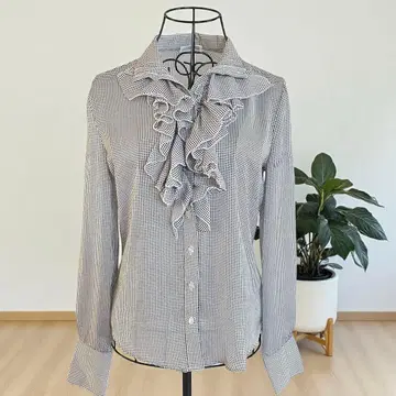 나라 까미체 프릴 블라우스 긴팔 깅엄 체크 화이트 블랙 오피스 캐주얼