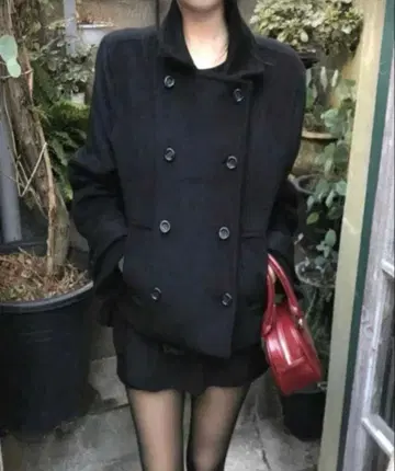 더블 브레스트 피 코트 블랙 왕홍 클래식 버튼 숏코트