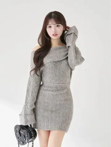 헤어리 오프숄더 니트 미니 원피스