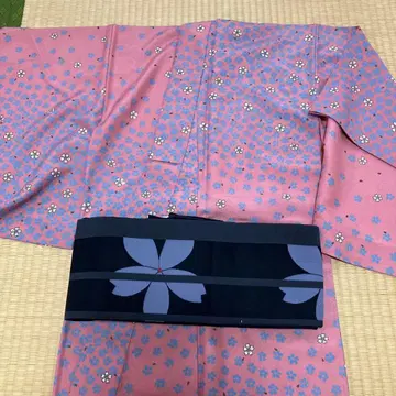 워셔블 기모노, 핑크 벚꽃, 블랙 벚꽃 오비 세트