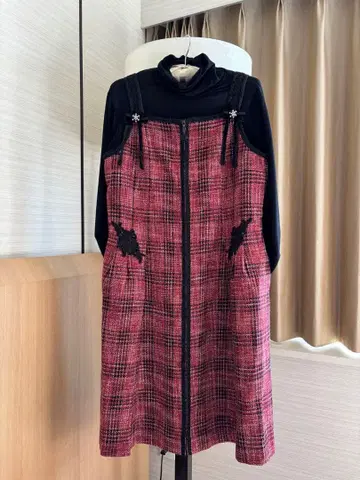 Super Beauty 빨검 체크 원피스 42L 사이즈