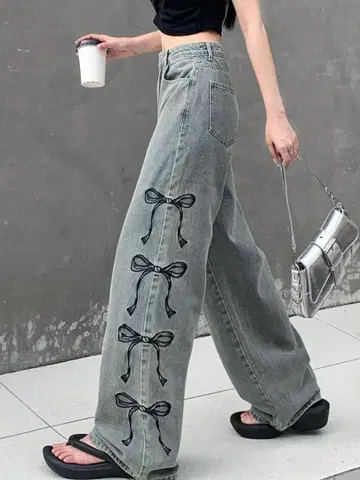 리본 무늬 와이드 레그 루즈 캐주얼 데님 팬츠 포켓 부착 여성용 진