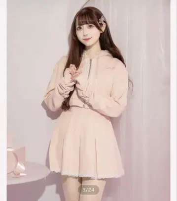 pium 레이스 프릴 후드티 x 플리츠 스커트 세트