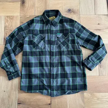 DIXXON 플란넬 셔츠 L 블랙과 그린 체크 무늬