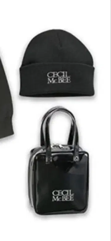 CECIL McBEE 블랙 파우치 자수 니트 모자 세트