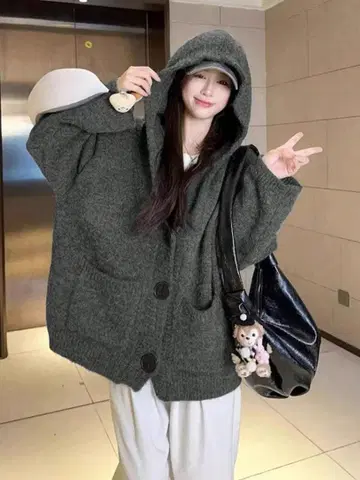 여성용 오버 사이즈 후드 부착 니트 가디건