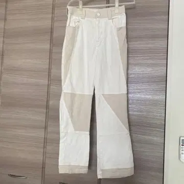 화이트 패치워크 스트레이트 레그 팬츠