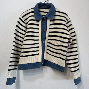 데님 도킹 보더 가디건 아이보리 x 블랙 x 블루