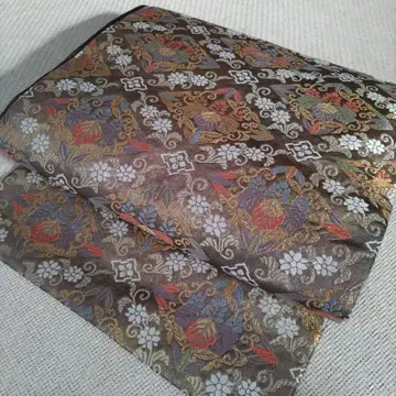 금색 브라운 계열 아름다운 꽃무늬 후쿠로 오비 순수 실크 육통