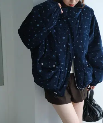 Kastane 무지&꽃무늬 코듀로이 충전솜 미들 자켓 네이비
