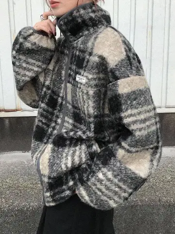 여성용 체크 무늬 드롭 숄더 캐주얼 집업 자켓