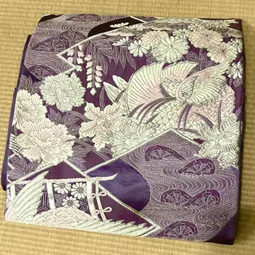 보라색 꽃무늬 학 자수 후쿠로 오비