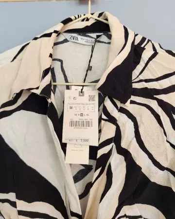 ZARA 롱 셔츠 원피스 M 화이트 블랙 잎 패턴