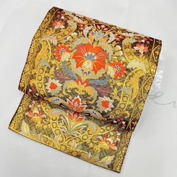 순수 실크 6통 후쿠로 오비 뒷면 전체 보석류 당화 문양 사가가니