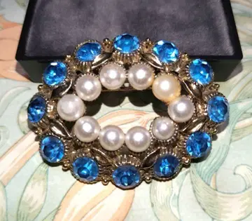 블루 & 모조 진주 빈티지 브로치 골드