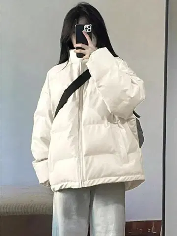 방한 코트 여성용 면 의류 충전솜 코트 무지 긴팔 블루종 심플 쇼