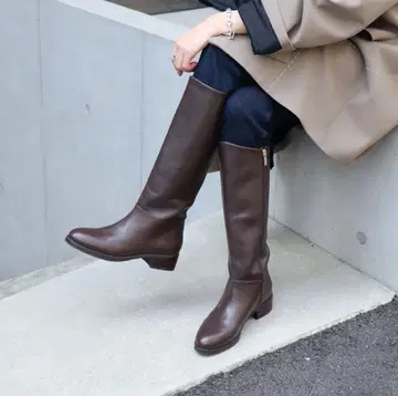 EVOL 천연 가죽 턱 힐 롱 부츠 브라운