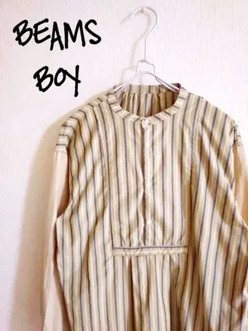 D222155 BEAMS BOY 밴드 카라 스트라이프 절개 블라우스