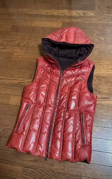 SHELLAC 가죽 다운 베스트 44 보르도 크림슨 천연 가죽 새상품급