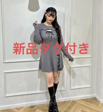 택 포함 새상품 설날 체크 레이스업 원피스 차콜