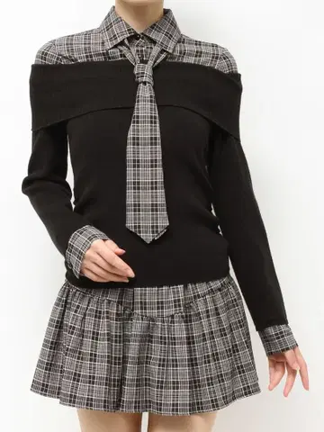 RESEXXY 레이어드 니트탑 블랙, 체크 미니 플레어 스커트