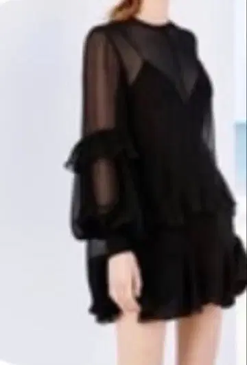 V넥 시스루 프릴 미니 드레스 블랙 S