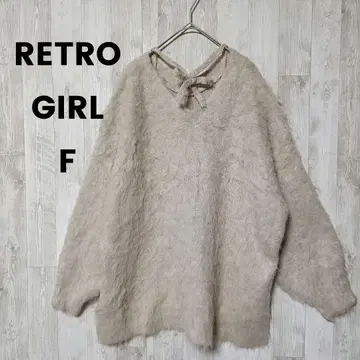 레트로걸 샤기 니트 스웨터 F 베이지 리본 V넥 복슬복슬