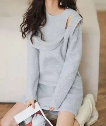 Achic 디자인 리브 니트 원피스 그레이