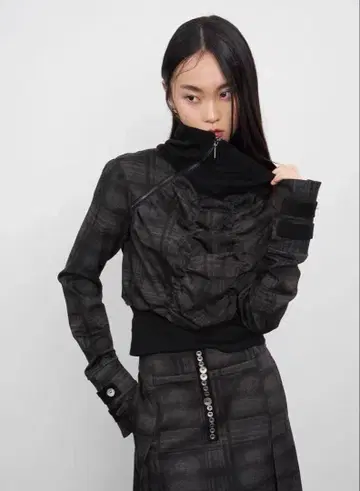 체크 무늬 개더 자켓