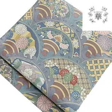 1070 화 화문 후쿠로 오비 순수 실크 파랑 추상 무늬