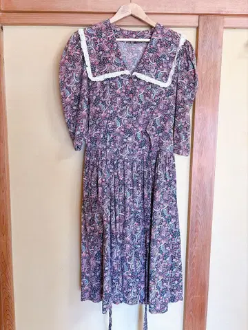 구제 빈티지 페이즐리 무늬 레이스 옷깃 긴팔 원피스